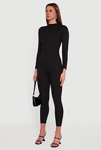Womens Zip Front Mock Neck Ribbed Knit Jumpsuit, Black,