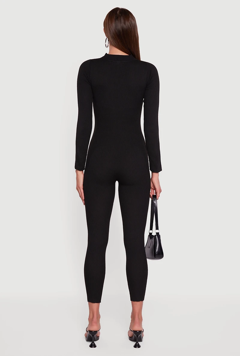 Womens Zip Front Mock Neck Ribbed Knit Jumpsuit, Black, Size S
