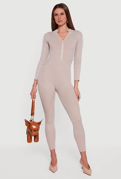 Zip Front Mock Neck Ribbed Knit Jumpsuit