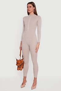 Zip Front Mock Neck Ribbed Knit Jumpsuit