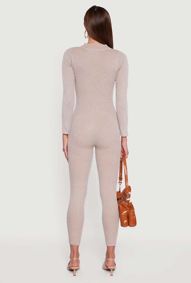 Zip Front Mock Neck Ribbed Knit Jumpsuit