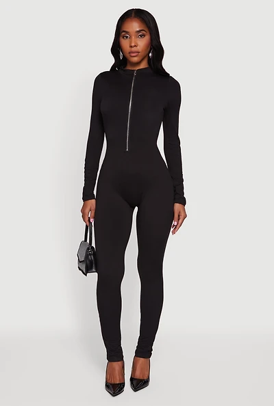 Womens Mock Neck Zip Front Fleece Lined Jumpsuit, Black, Size L