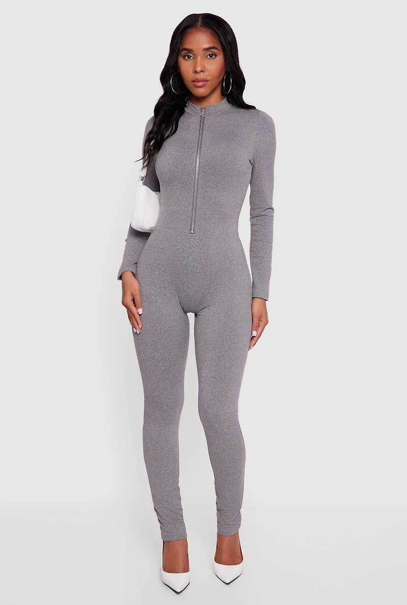 Womens Mock Neck Zip Front Fleece Lined Jumpsuit, Grey, Size S
