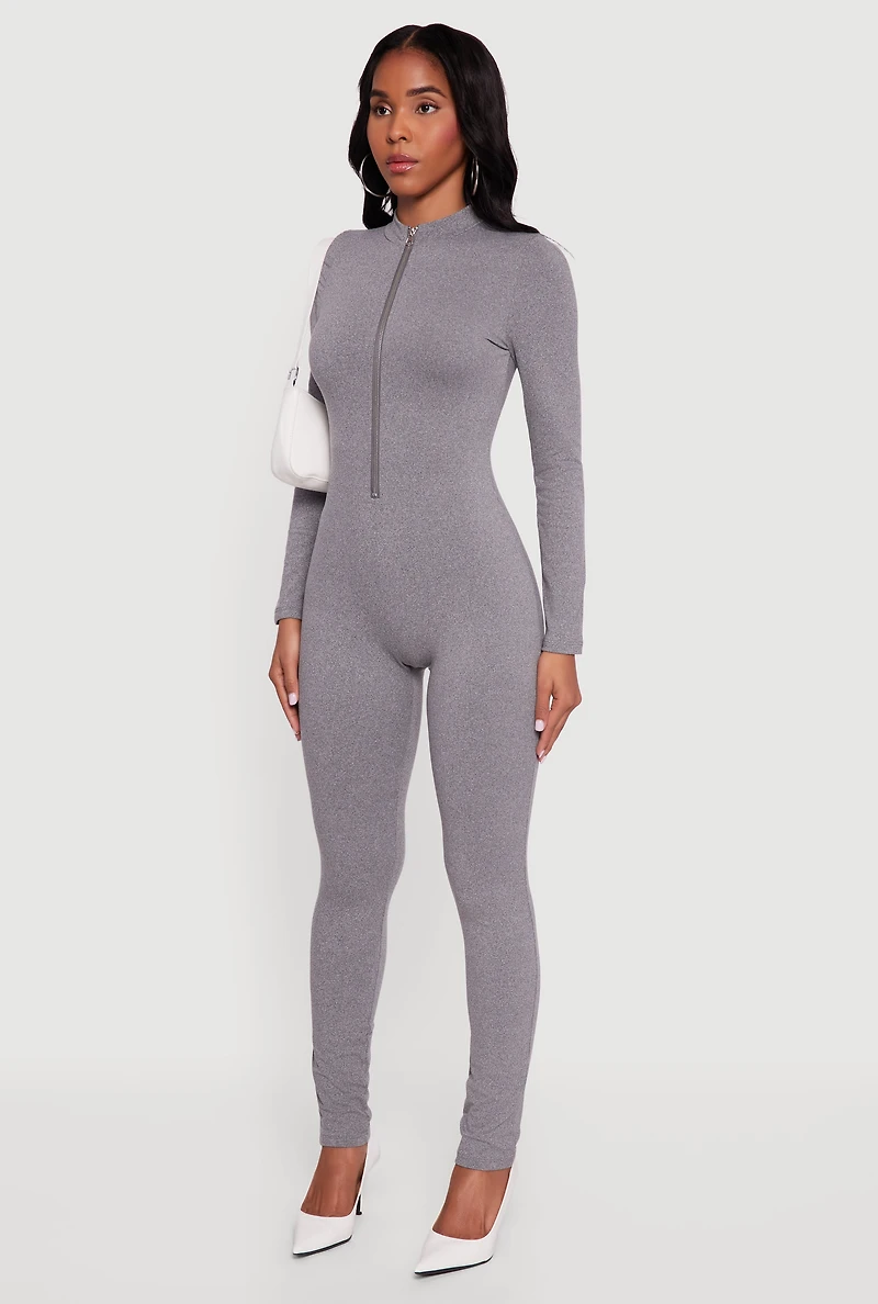 Womens Mock Neck Zip Front Fleece Lined Jumpsuit, Grey, Size S