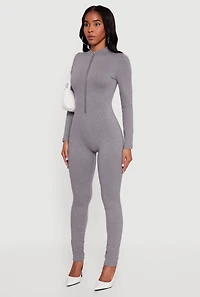 Womens Mock Neck Zip Front Fleece Lined Jumpsuit, Grey, Size S