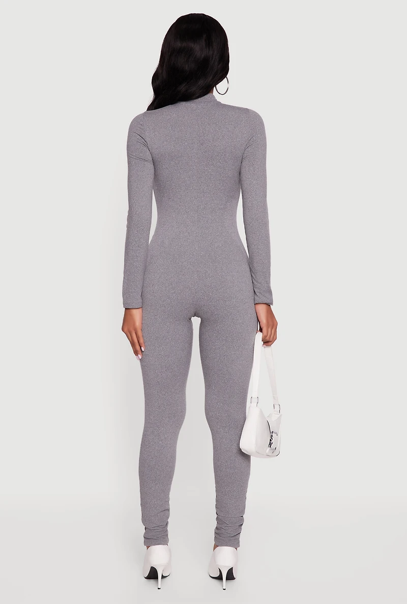 Womens Mock Neck Zip Front Fleece Lined Jumpsuit, Grey, Size S