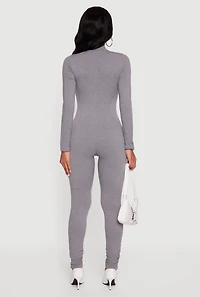 Womens Mock Neck Zip Front Fleece Lined Jumpsuit, Grey, Size S