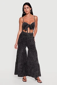 Acid Wash Cutout Tie Front Tiered Wide Leg Jumpsuit