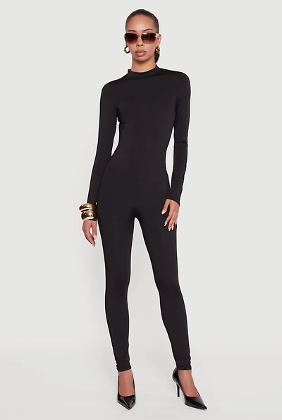 Womens Solid Curve Hugging Catsuit with Zip Back, Black, Size S