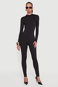 Womens Solid Curve Hugging Catsuit with Zip Back, Black, Size S