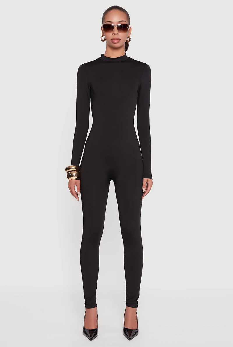 Womens Solid Curve Hugging Catsuit with Zip Back, Black, Size S