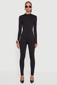 Womens Solid Curve Hugging Catsuit with Zip Back, Black, Size XL