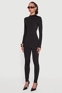 Womens Solid Curve Hugging Catsuit with Zip Back, Black, Size S