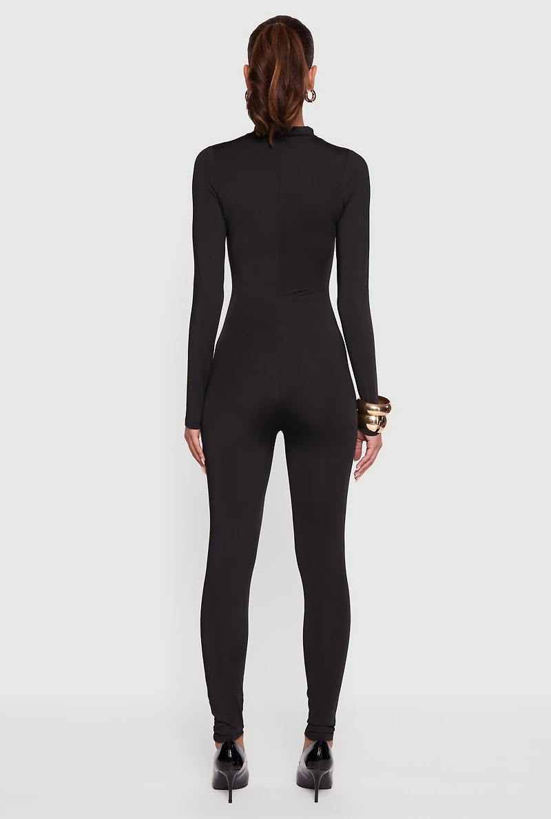 Womens Solid Curve Hugging Catsuit with Zip Back, Black, Size S