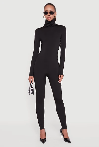 Womens Long Sleeve Turtleneck Catsuit, Black, Size M