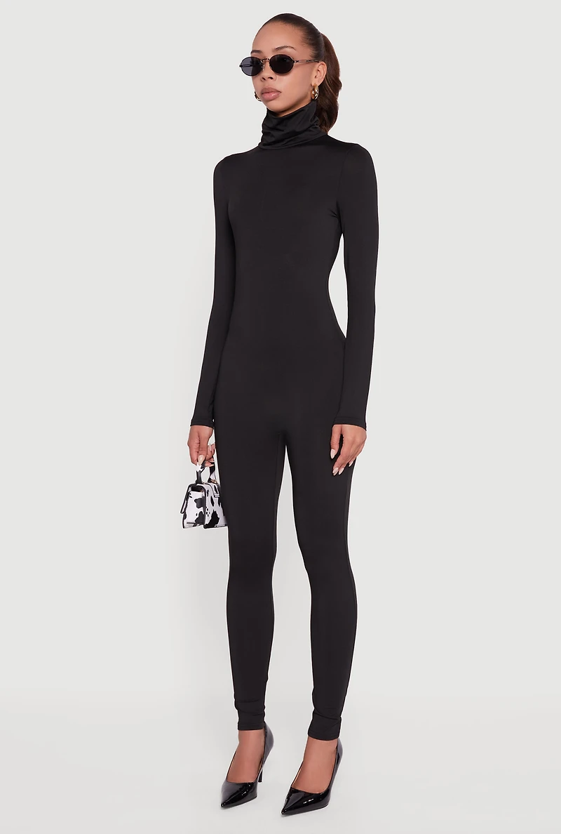 Womens Long Sleeve Turtleneck Catsuit, Black, Size M