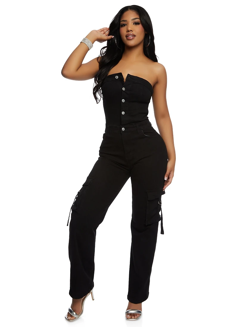 Daisy Denim Strapless Cargo Pocket Jumpsuit