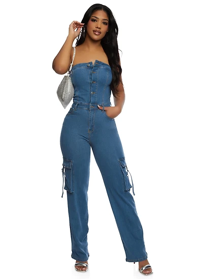 Daisy Denim Strapless Cargo Pocket Jumpsuit