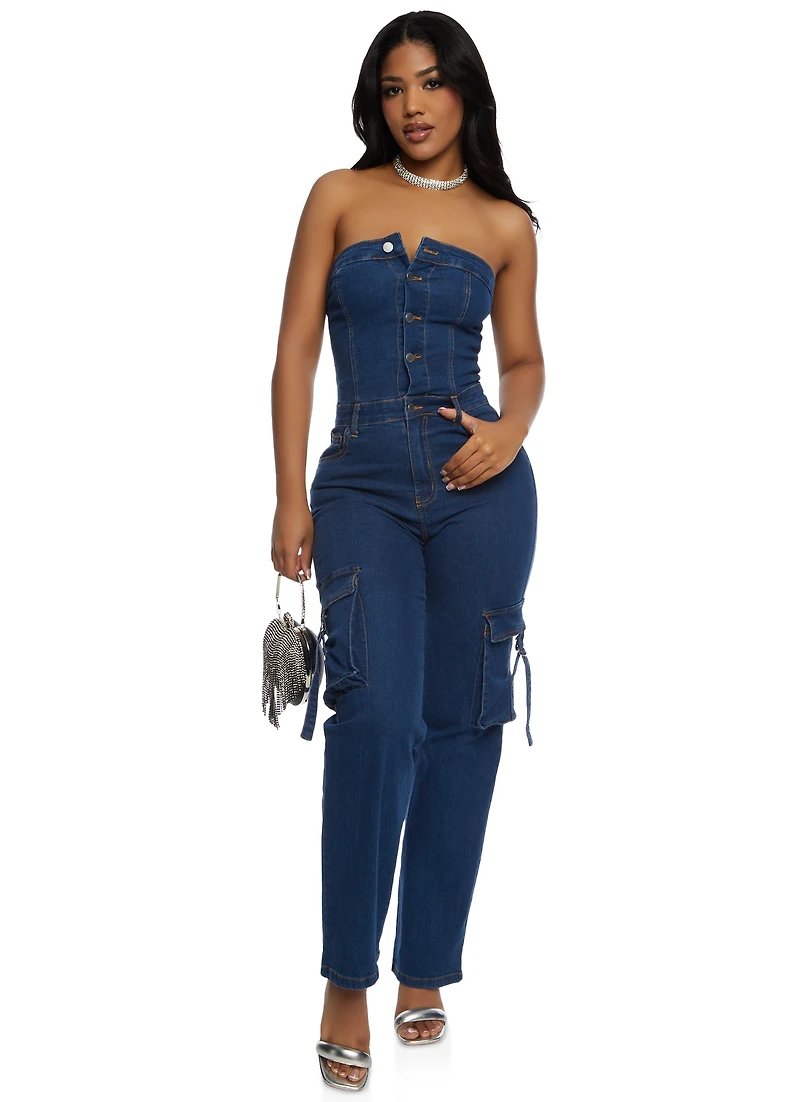 Daisy Denim Strapless Cargo Pocket Jumpsuit