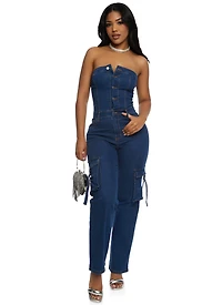 Daisy Denim Strapless Cargo Pocket Jumpsuit