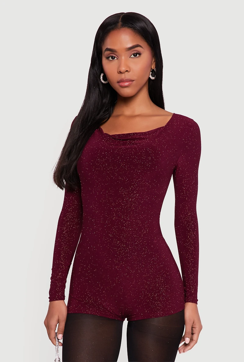Glittery Long Sleeve Cowl Neck Romper
