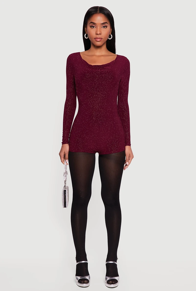 Glittery Long Sleeve Cowl Neck Romper