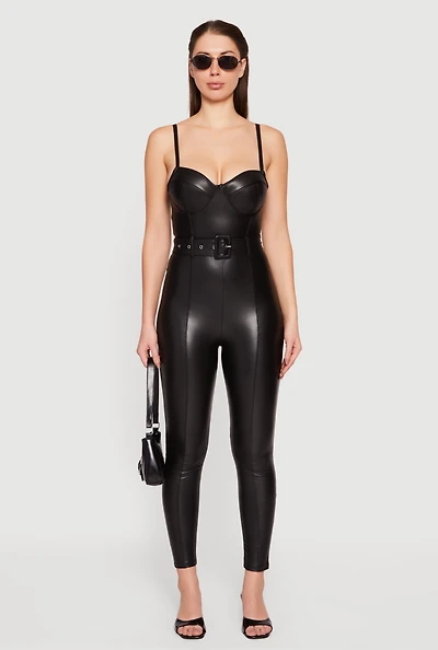Womens Faux Leather Sweetheart Bustier Jumpsuit,