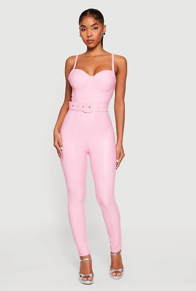 Womens Faux Leather Sweetheart Bustier Jumpsuit, Pink,