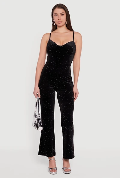 Velvet Sleeveless Bustier Jumpsuit with Rhinestones