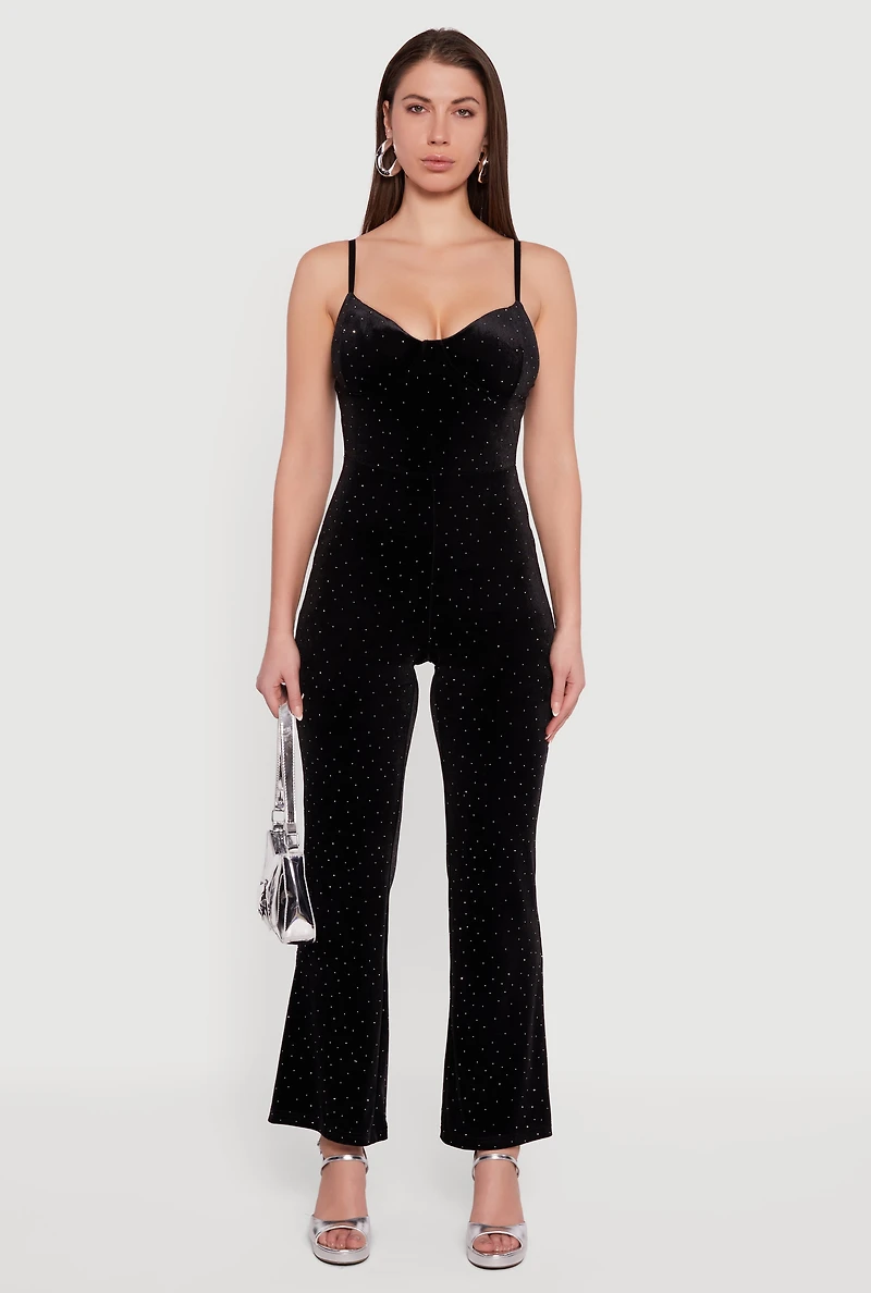 Velvet Sleeveless Bustier Jumpsuit with Rhinestones