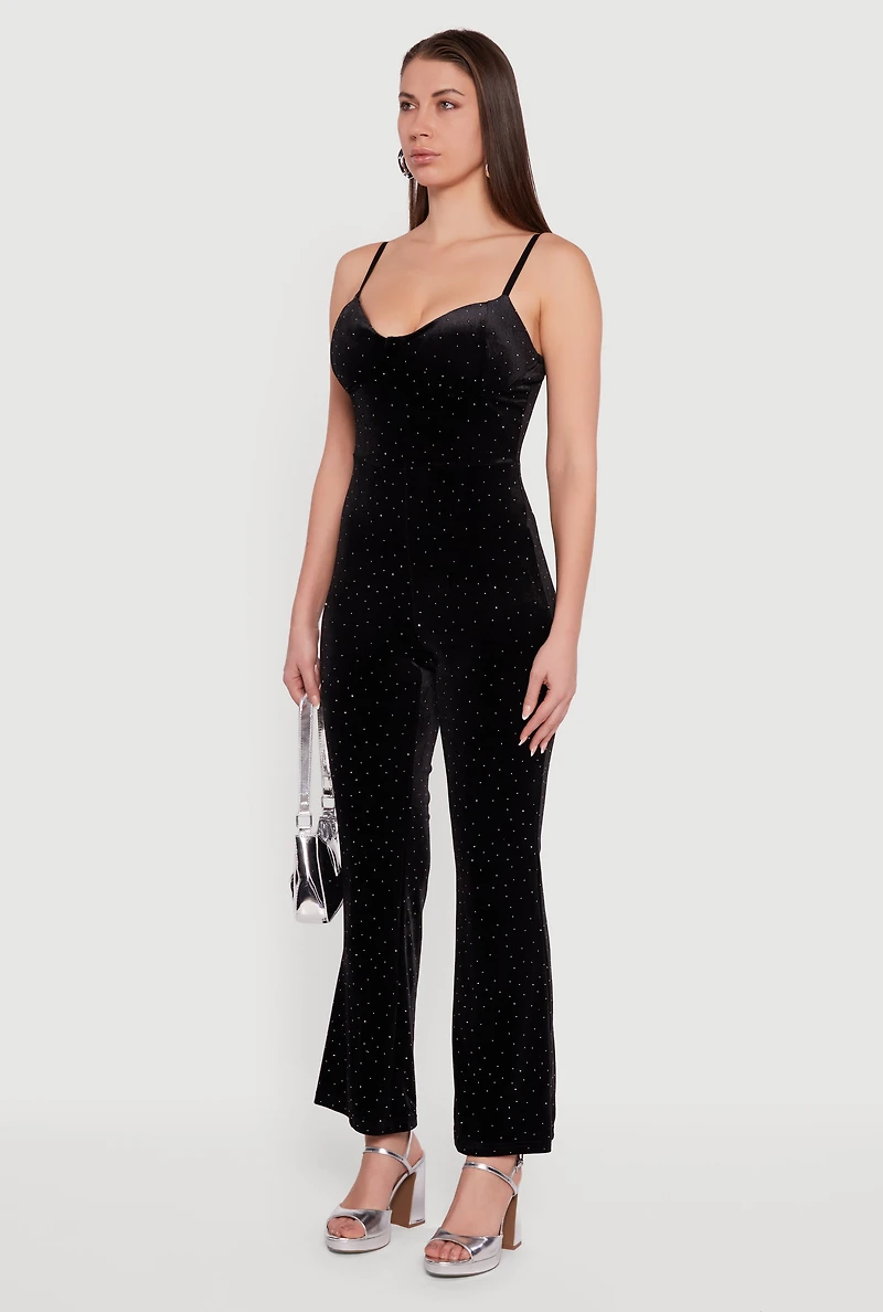 Velvet Sleeveless Bustier Jumpsuit with Rhinestones