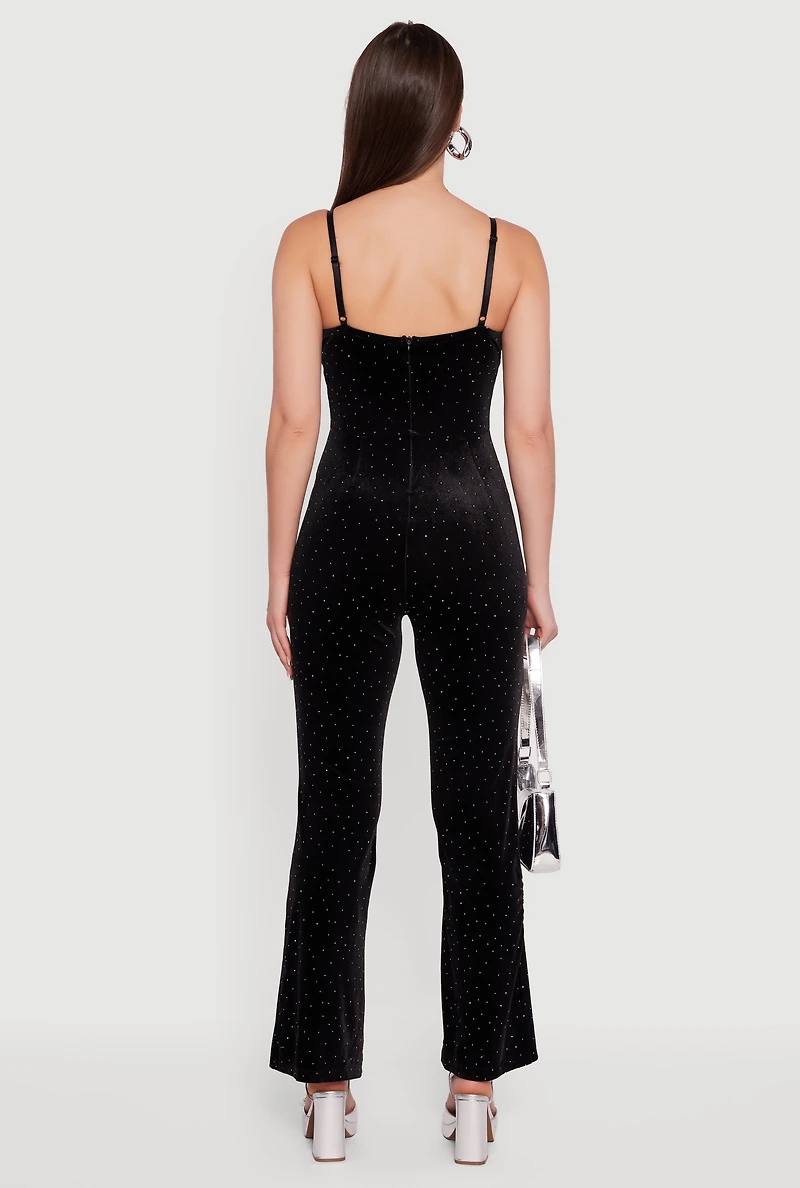 Velvet Sleeveless Bustier Jumpsuit with Rhinestones