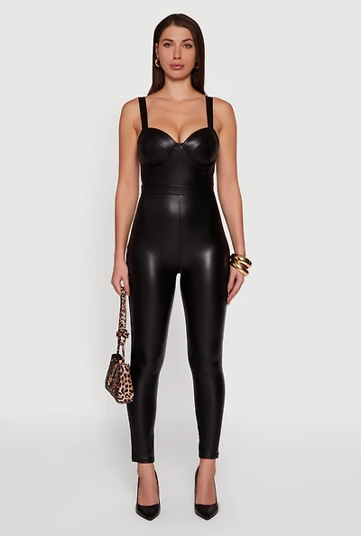 Womens Faux Leather Sweetheart Corset Jumpsuit,