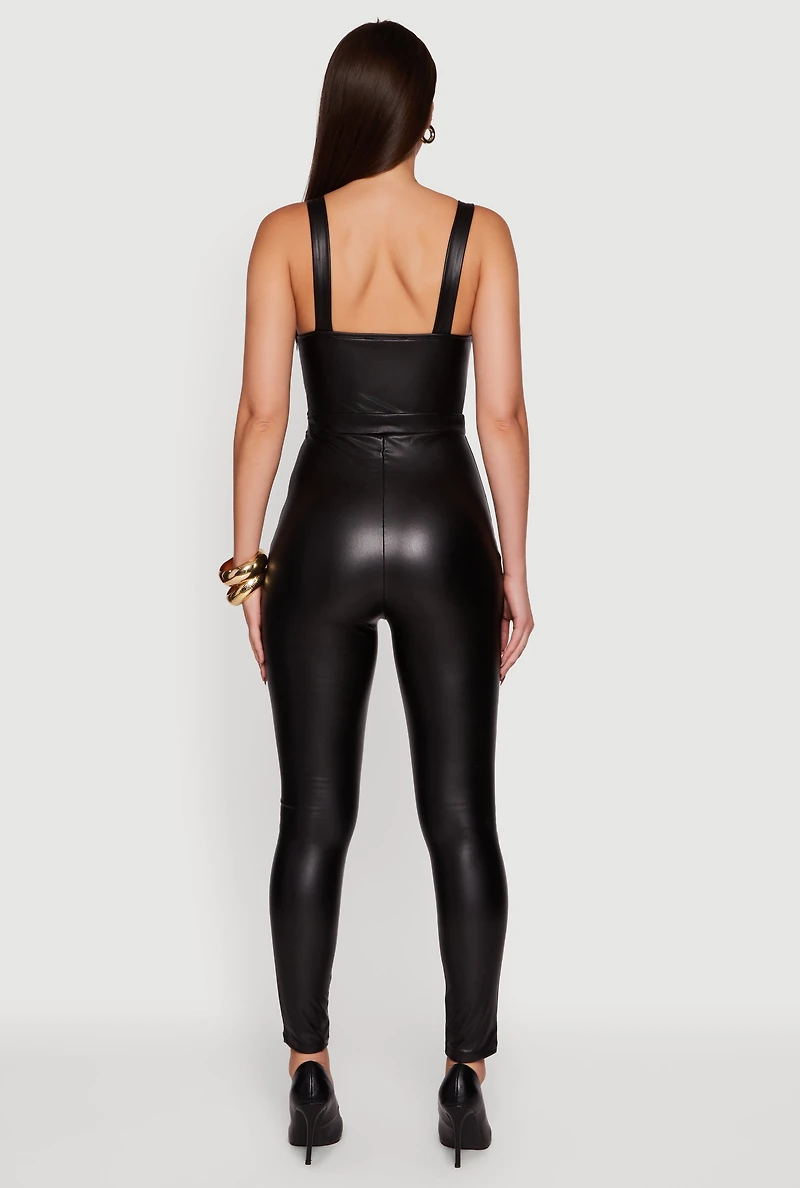 Womens Faux Leather Sweetheart Corset Jumpsuit,
