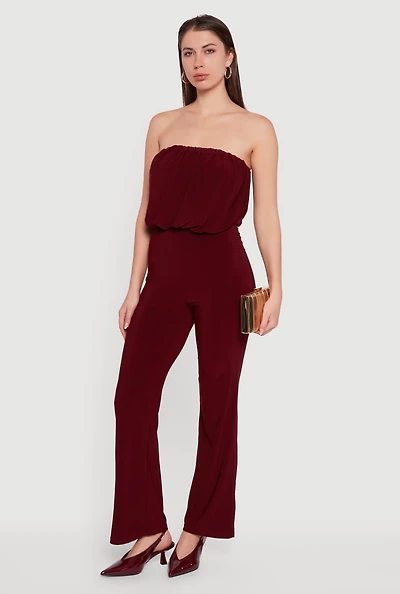 Womens Elegant Strapless Wide Leg Jumpsuit, Burgundy, Size S