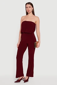 Womens Elegant Strapless Wide Leg Jumpsuit, Burgundy, Size S