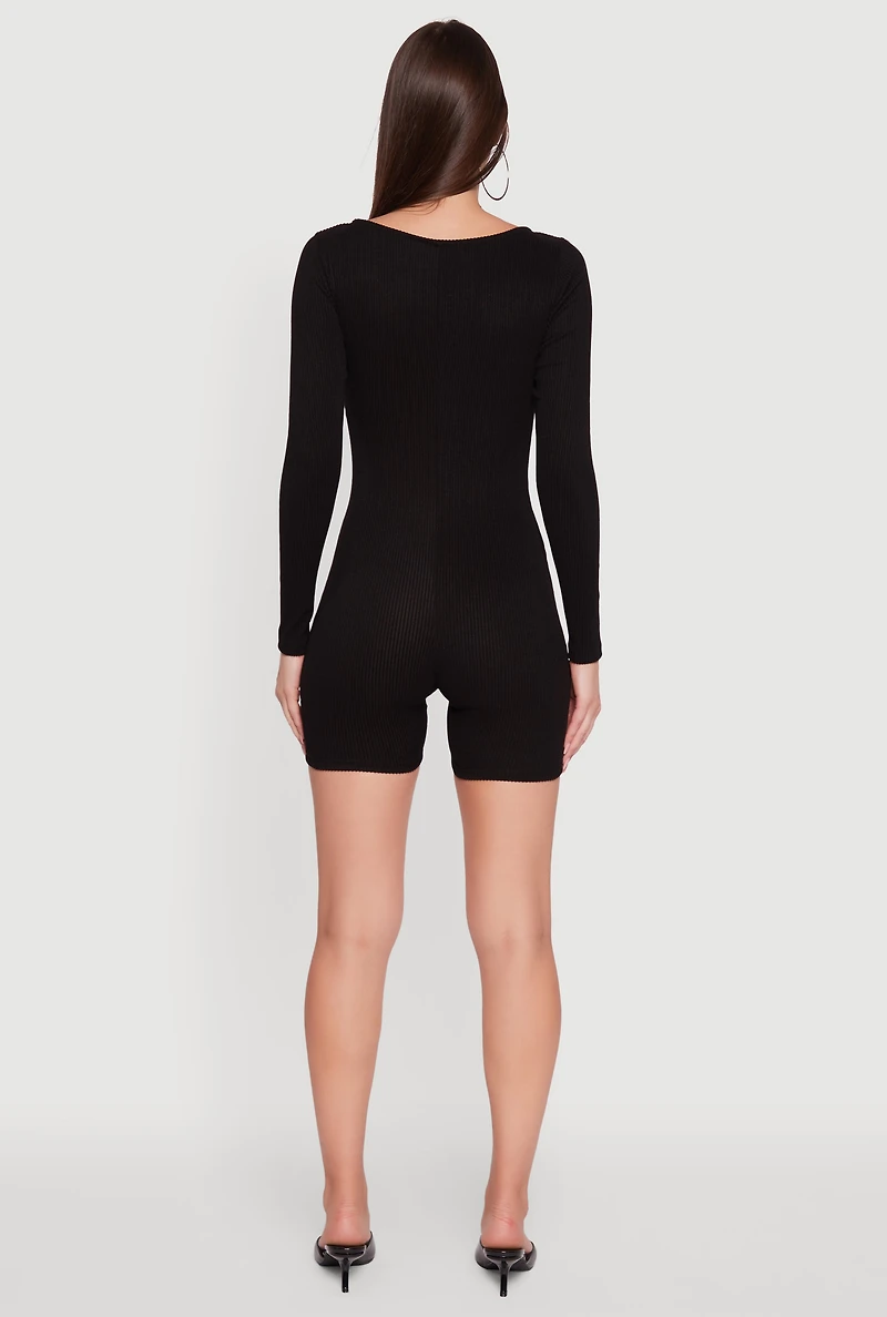 Womens Brushed Rib Knit Long Sleeve Square Neck Catsuit,