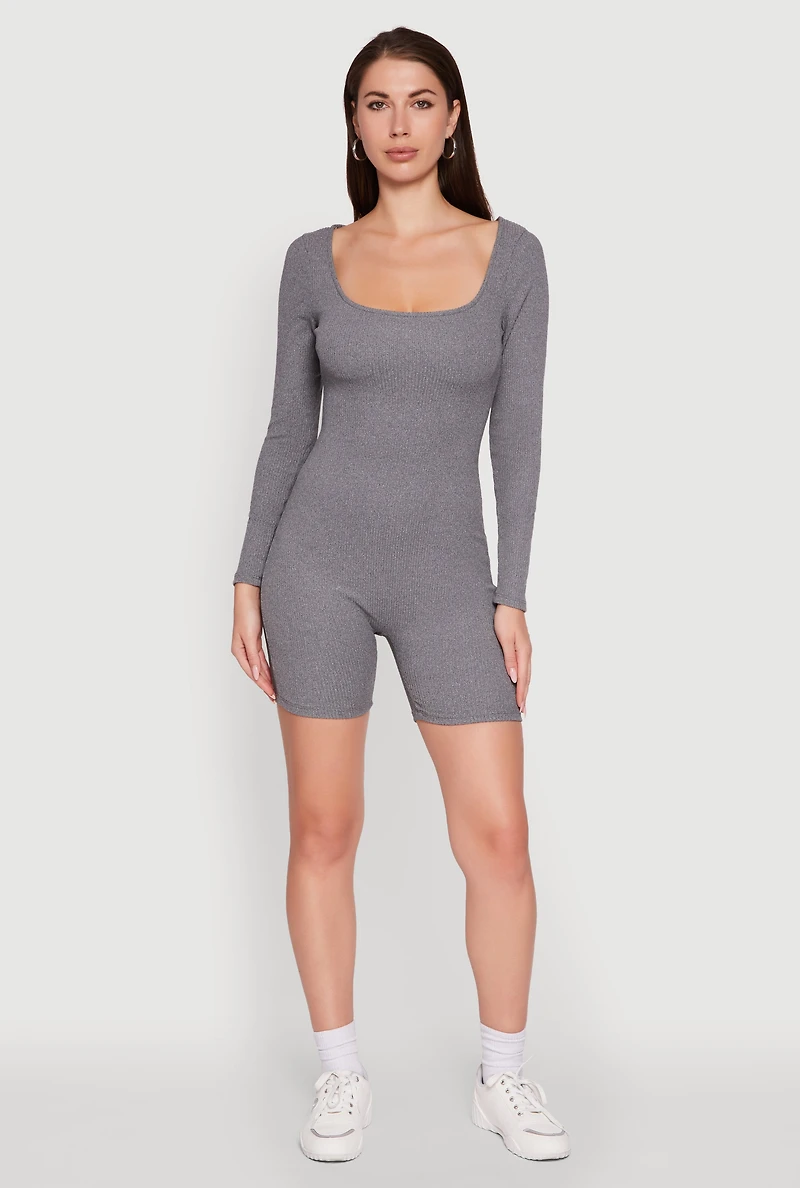 Brushed Rib Knit Long Sleeve Square Neck Catsuit