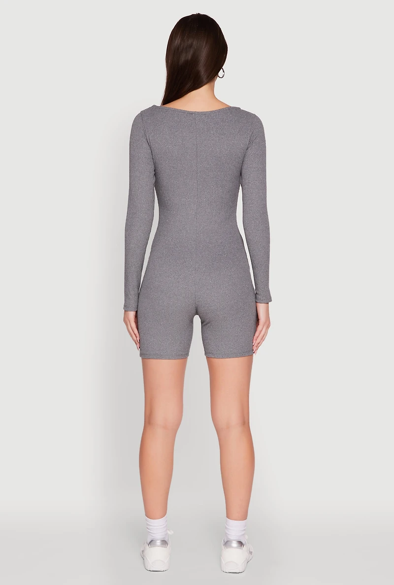 Womens Brushed Rib Knit Long Sleeve Square Neck Catsuit, Grey, Size S