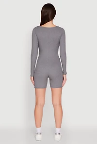 Womens Brushed Rib Knit Long Sleeve Square Neck Catsuit, Grey, Size S