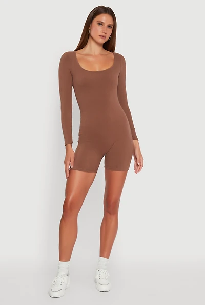 Womens Brushed Rib Knit Long Sleeve Square Neck Catsuit, Brown, Size M