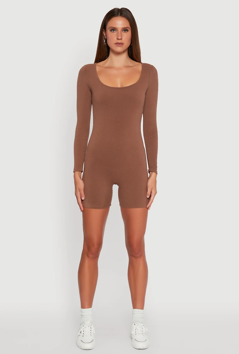Womens Brushed Rib Knit Long Sleeve Square Neck Catsuit, Brown, Size M