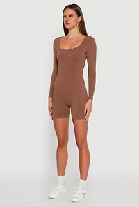 Womens Brushed Rib Knit Long Sleeve Square Neck Catsuit, Brown, Size M