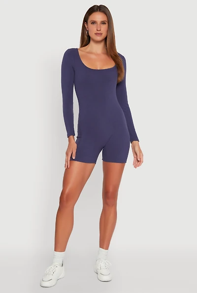 Womens Brushed Rib Knit Long Sleeve Square Neck Catsuit, Blue, Size M