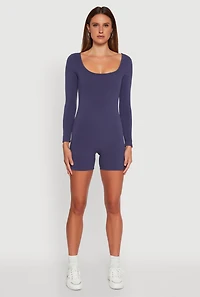 Womens Brushed Rib Knit Long Sleeve Square Neck Catsuit, Blue, Size M