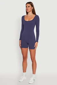 Womens Brushed Rib Knit Long Sleeve Square Neck Catsuit, Blue, Size M