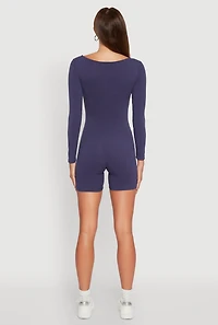 Womens Brushed Rib Knit Long Sleeve Square Neck Catsuit, Blue, Size M