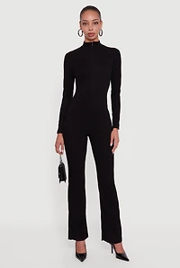 Womens Ribbed Knit Zip Front Mock Neck Jumpsuit,