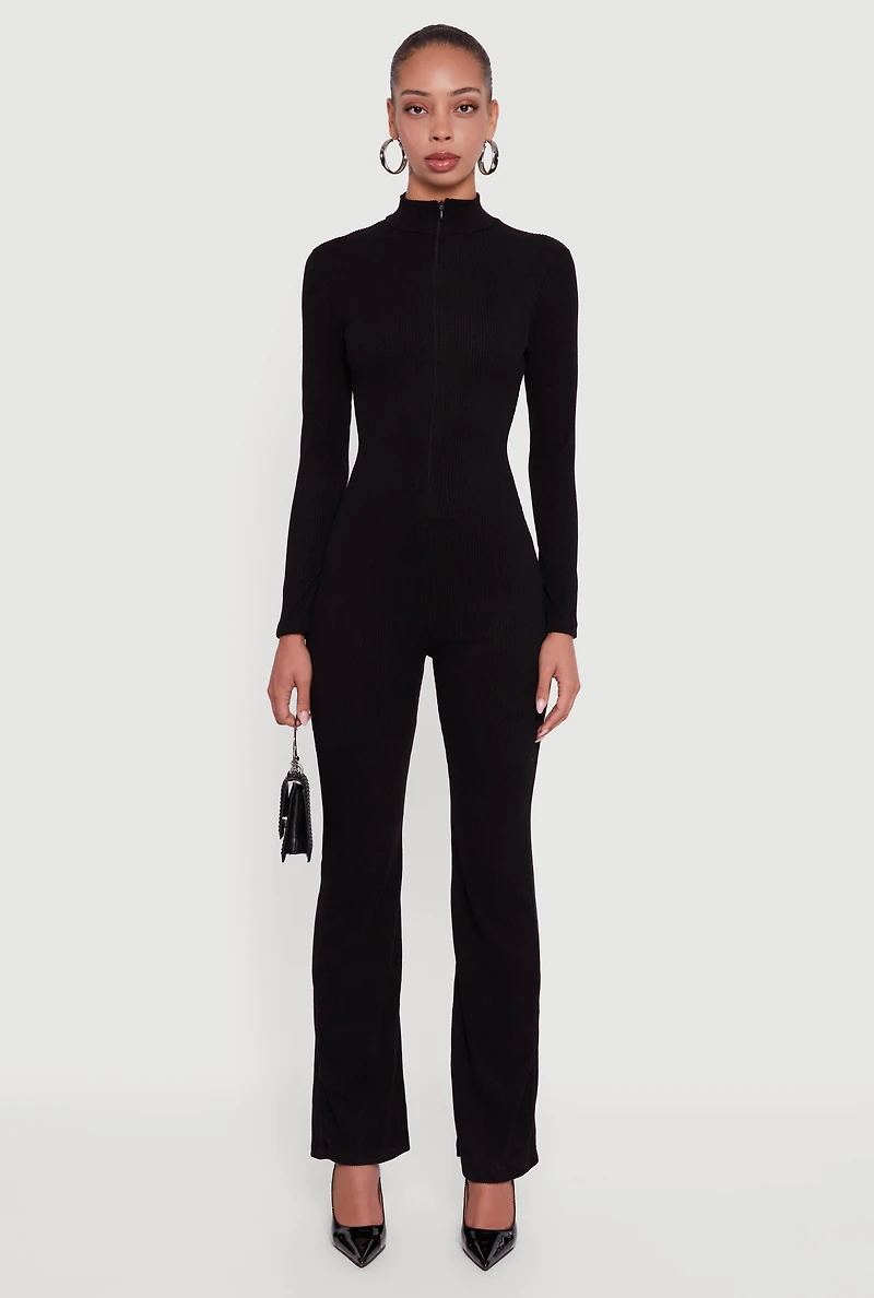 Womens Ribbed Knit Zip Front Mock Neck Jumpsuit,
