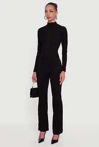 Womens Ribbed Knit Zip Front Mock Neck Jumpsuit,